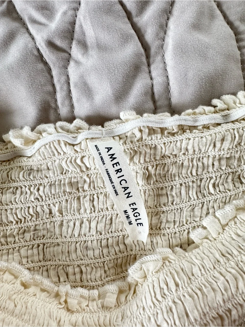 Cream Smocked Square-Neck Lace Peplum Peasant Top Puff Sleeve Boho Cottagecore - Picture 4 of 9